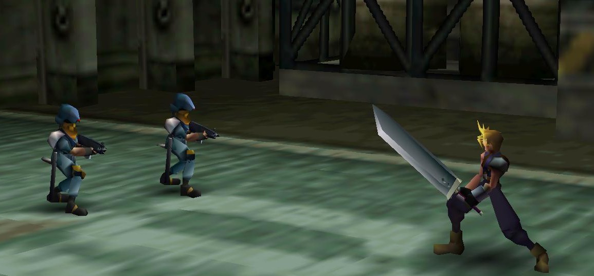 Final Fantasy VII battle screenshot showing Cloud Strife with his Buster Sword facing Shinra guards