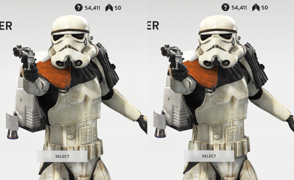 The base Stormtrooper skins in Star Wars: Battlefront (male on the left, female on the right).