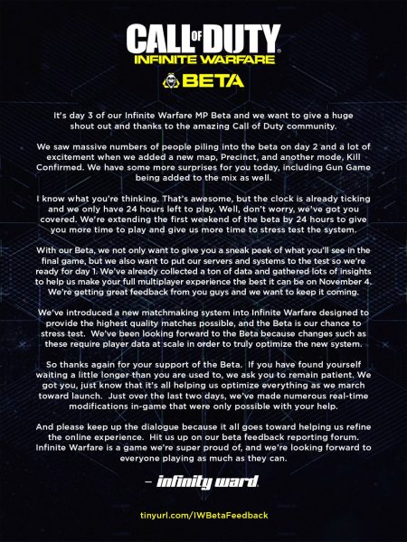 Infinite Warfare Beta 10-16 Announcement