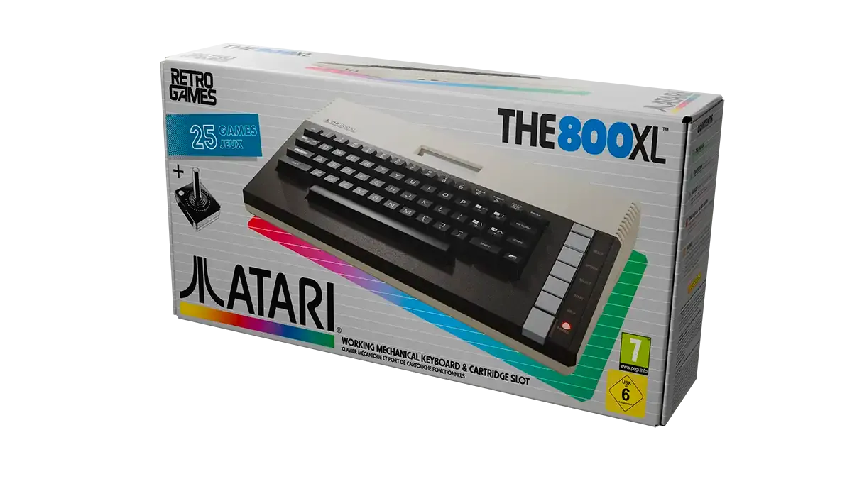 THE 800XL retail box packshot showing the recreated machine, working cartridge slot, and bundled THECXSTICK joystick