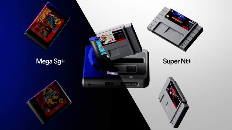 The Analogue Super Nt+ and Mega Sg+ consoles shown together with SNES and Genesis cartridges