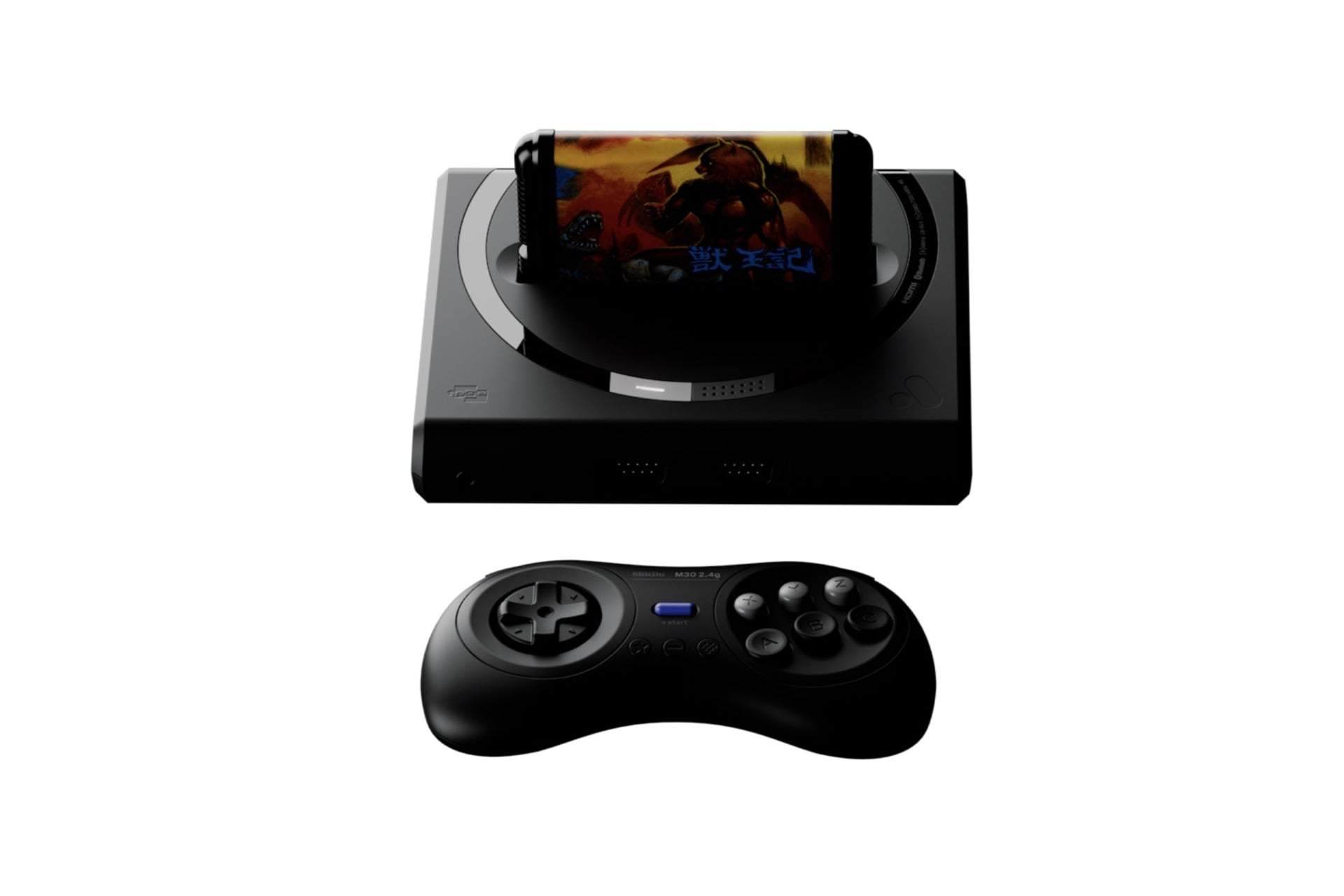 The Analogue Mega Sg+ FPGA Sega Genesis console with a wireless controller