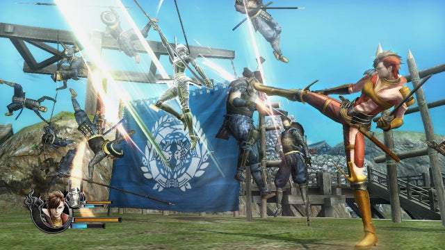 Sengoku BASARA 4 gameplay screenshot showing crowded battlefield combat