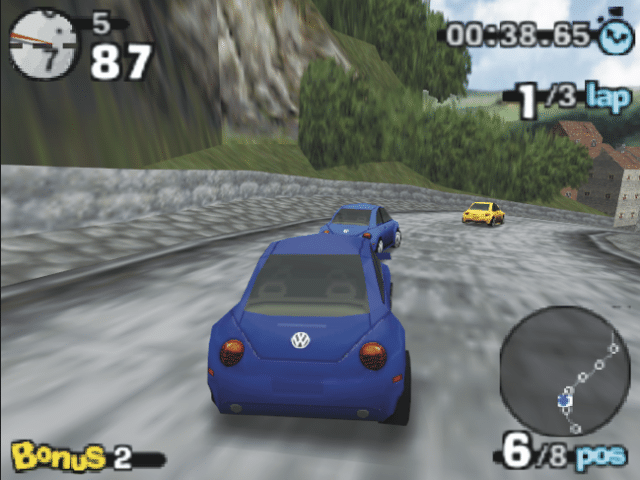 Beetle Adventure Racing gameplay screenshot on the Nintendo 64, a red Beetle racing on a tropical track