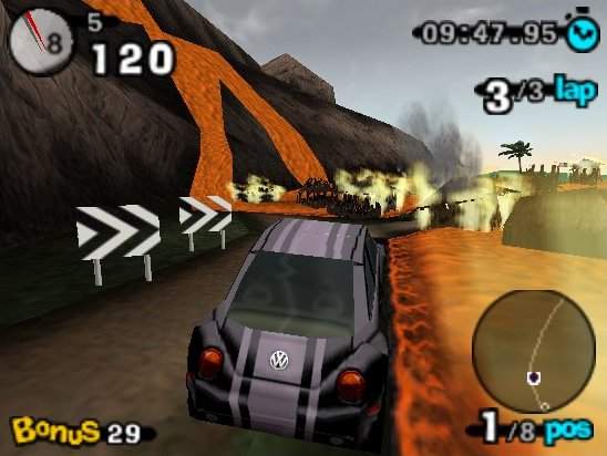 Beetle Adventure Racing gameplay screenshot showing the Burning Village track
