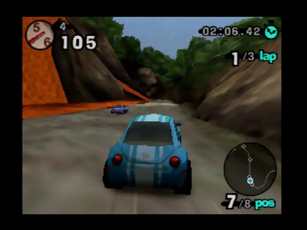 Beetle Adventure Racing gameplay screenshot of a Beetle racing through a desert town