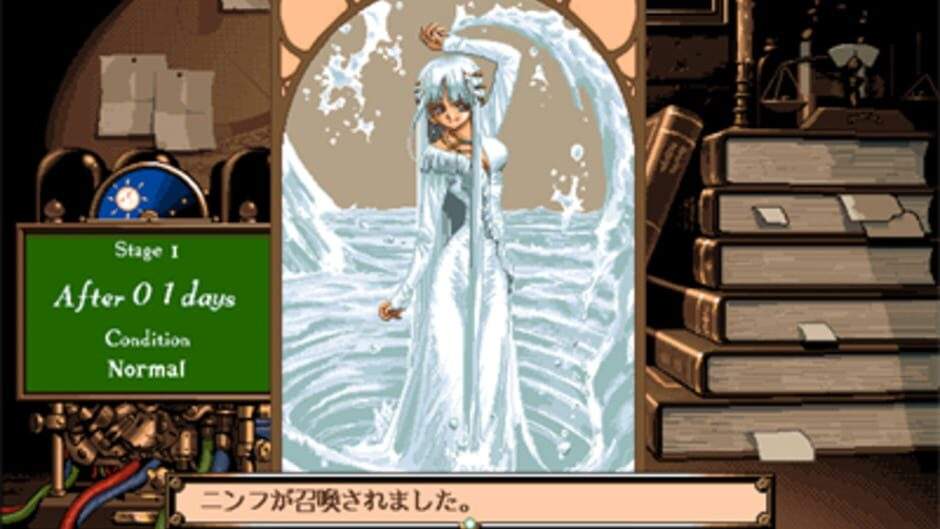 A summoned nymph rises from water in Mercurius Pretty: End of the Century, with a Japanese status panel showing the 48-day cycle timer