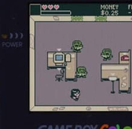 Corporate Rot gameplay detail: an office floor with desks, zombie co-workers, and a money counter reading $0.25