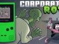 Corporate Rot key art: a lime Game Boy Color showing office gameplay beside a zombie lunging at an office worker holding a stapler