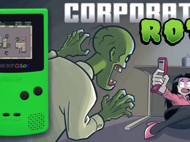 Corporate Rot key art: a lime Game Boy Color showing office gameplay beside a zombie lunging at an office worker holding a stapler
