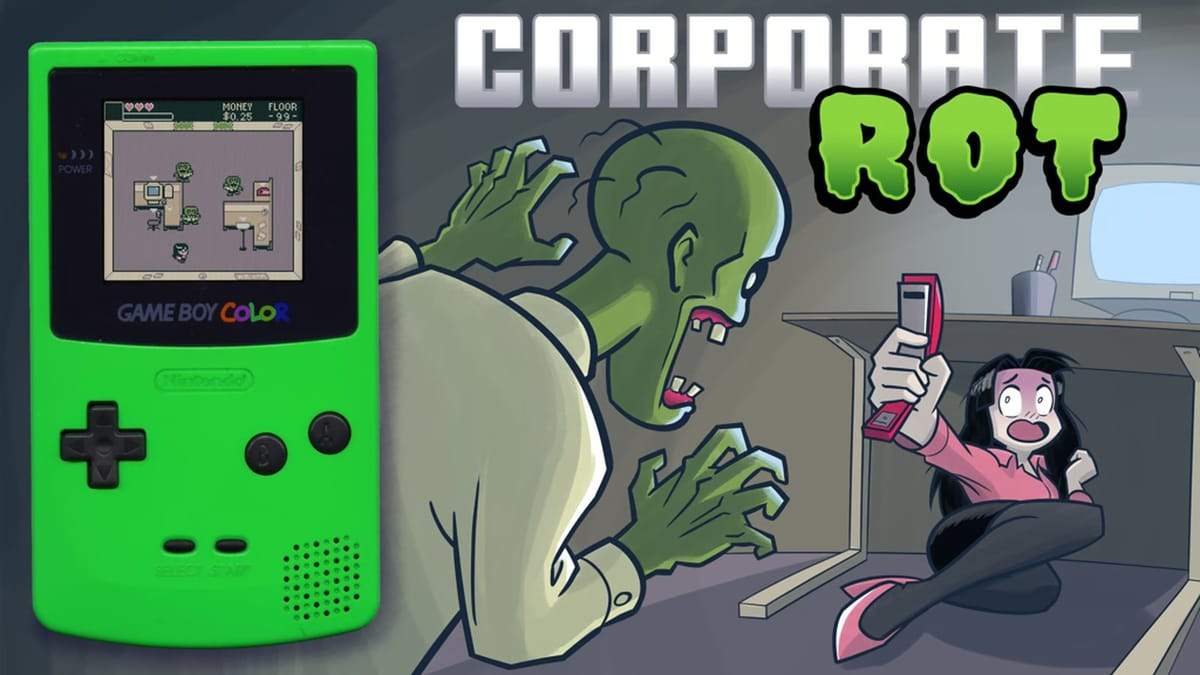 Corporate Rot key art: a lime Game Boy Color showing office gameplay beside a zombie lunging at an office worker holding a stapler