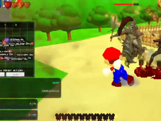 Screenshot of an AI-generated game mashup with visible debug overlays and rough 3D models