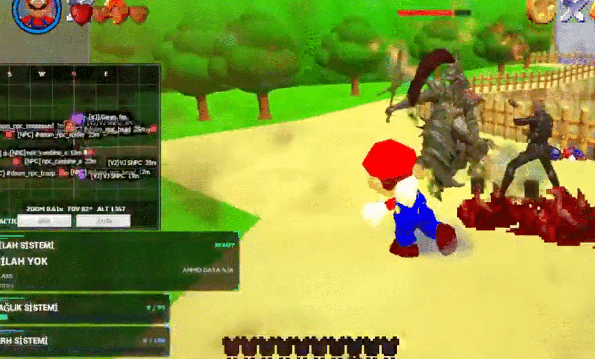 Screenshot of an AI-generated game mashup with visible debug overlays and rough 3D models