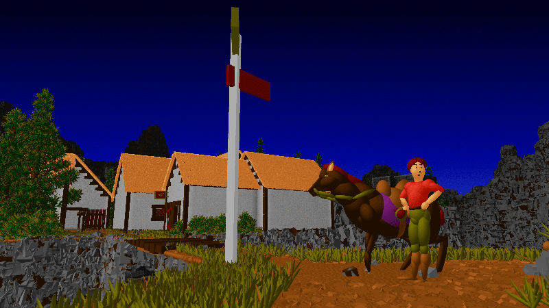 In-game screenshot from the original 1994 Ecstatica showing its distinctive rounded ellipsoid-graphics character models in the medieval village of Tirich