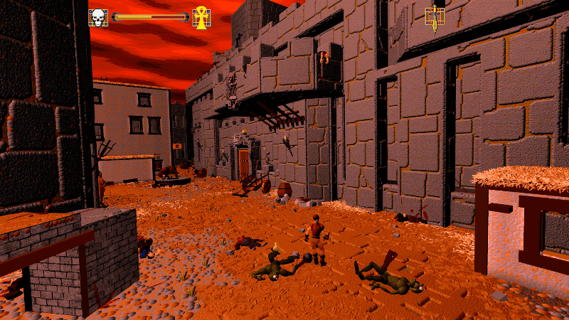 In-game screenshot from Ecstatica II (1997) showing a combat scene rendered in Andrew Spencer's signature ellipsoid graphics