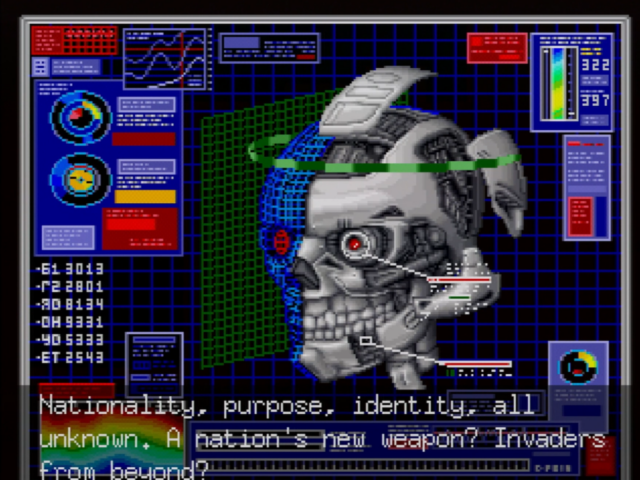 English subtitle overlay on a cutscene in the Snatcher Saturn fan translation