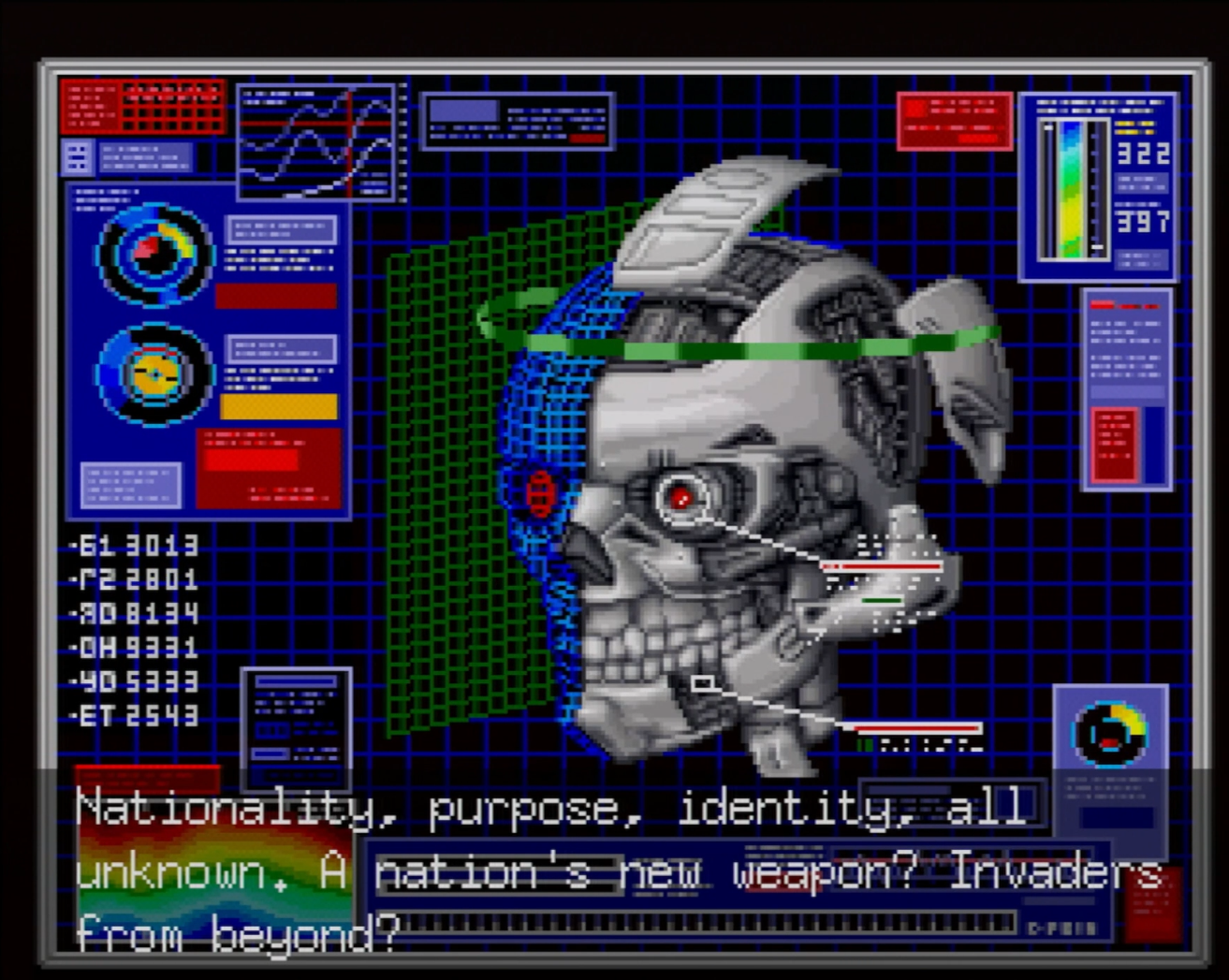 English subtitle overlay on a cutscene in the Snatcher Saturn fan translation
