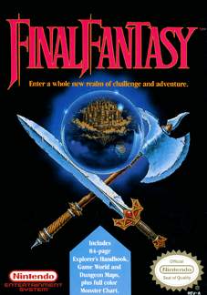 North American box art for the original NES Final Fantasy, with a sword and axe crossed over a crystal