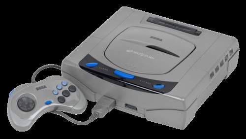 A grey first-generation Japanese Sega Saturn console with controller