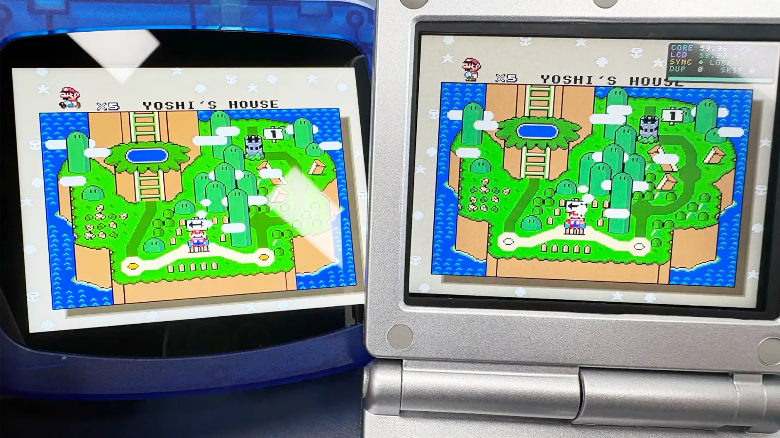 Taki Udon's FPGBA SP prototype beside an original GBA SP, both running Super Mario World.