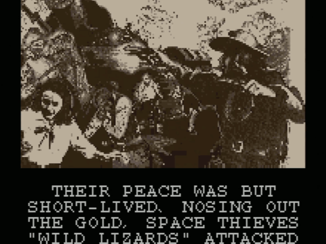 Gun Frontier's Saturn ending in English, showing the translated epilogue over western artwork