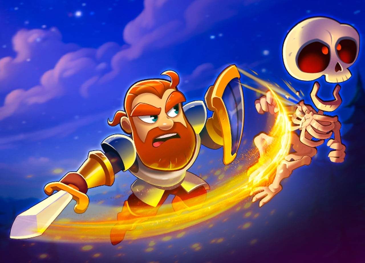 The King's Return key art: the crowned king swinging a glowing sword beside a skeleton, with the Broke Studio box, cart and guidebook