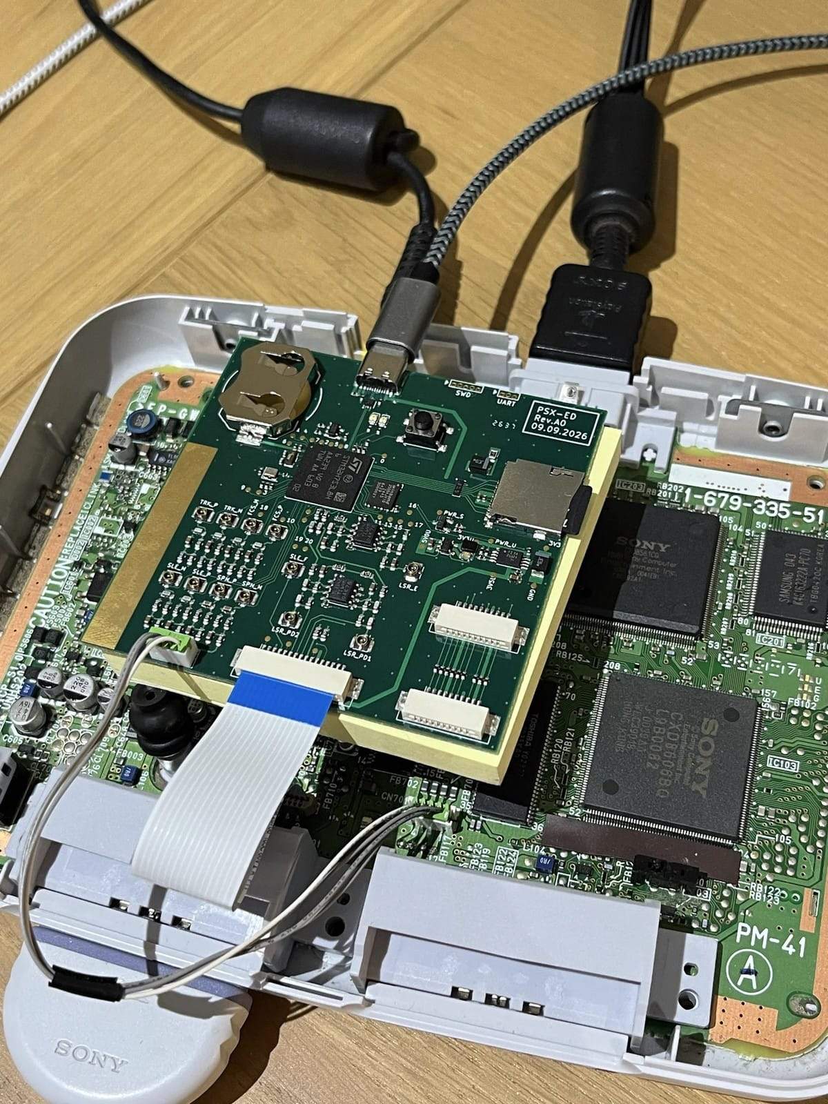 Close-up of Krikzz's solderless PlayStation optical drive emulator prototype