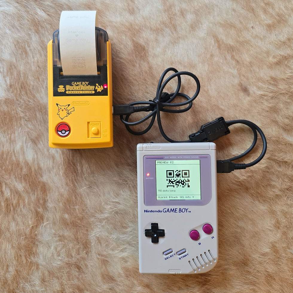 A label printed by a Game Boy Printer showing a QR code generated on the Game Boy itself