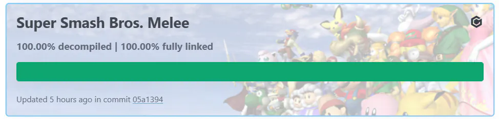 Super Smash Bros. Melee's decomp.dev progress card showing 100% decompiled and 100% fully linked