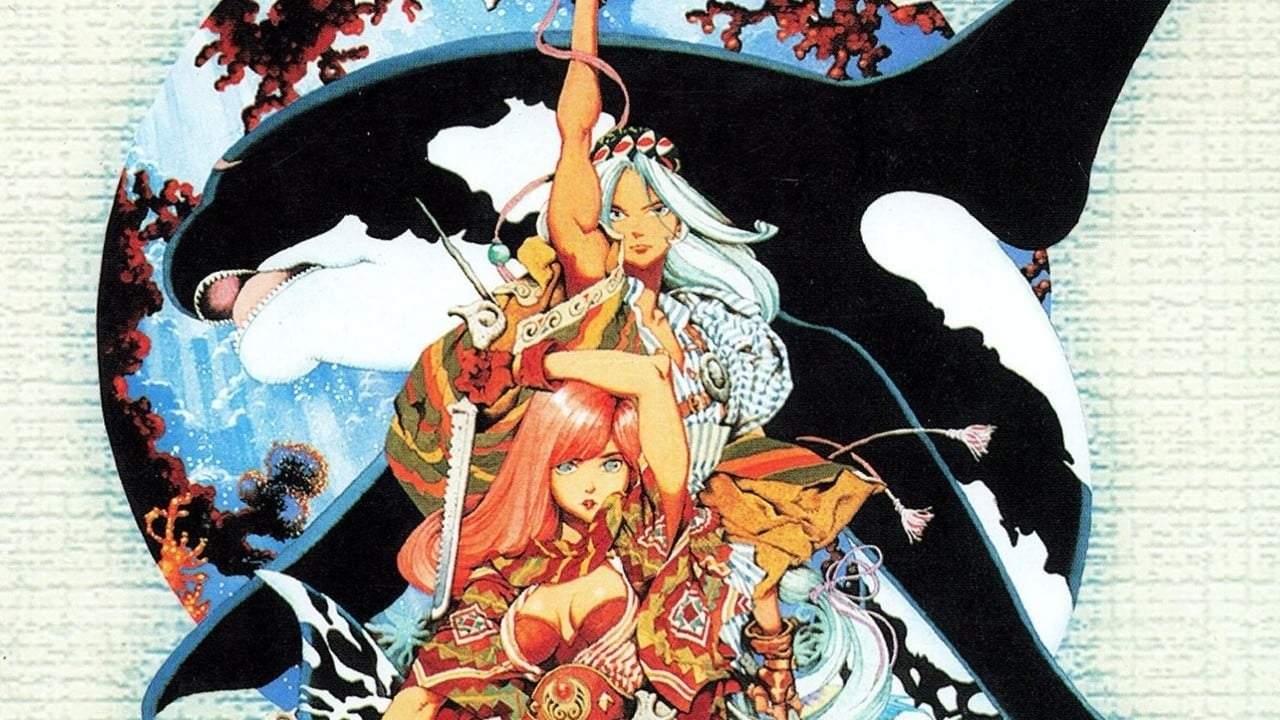 Meremanoid key art showing two characters in front of a giant orca