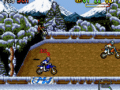 Moto X gameplay: motocross riders racing down a snowy hill on Super Nintendo