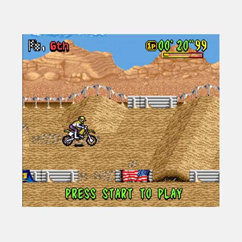 Moto X title screen, 'Press Start to Play,' over a desert track