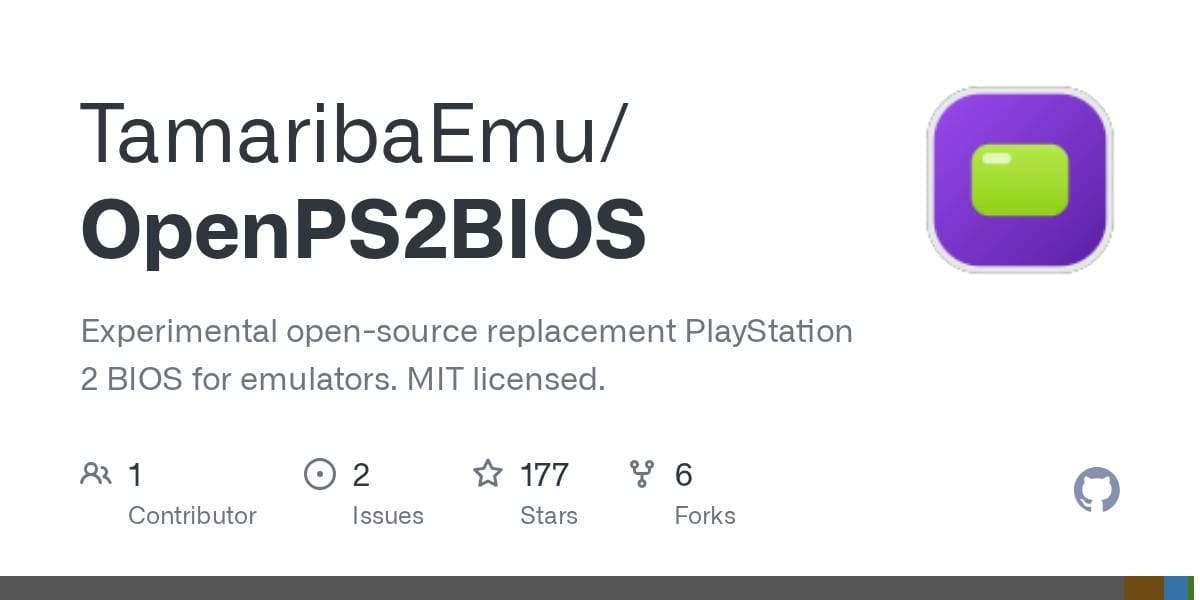 OpenPS2BIOS GitHub repository page: 'Experimental open-source replacement PlayStation 2 BIOS for emulators. MIT licensed.' — 177 stars