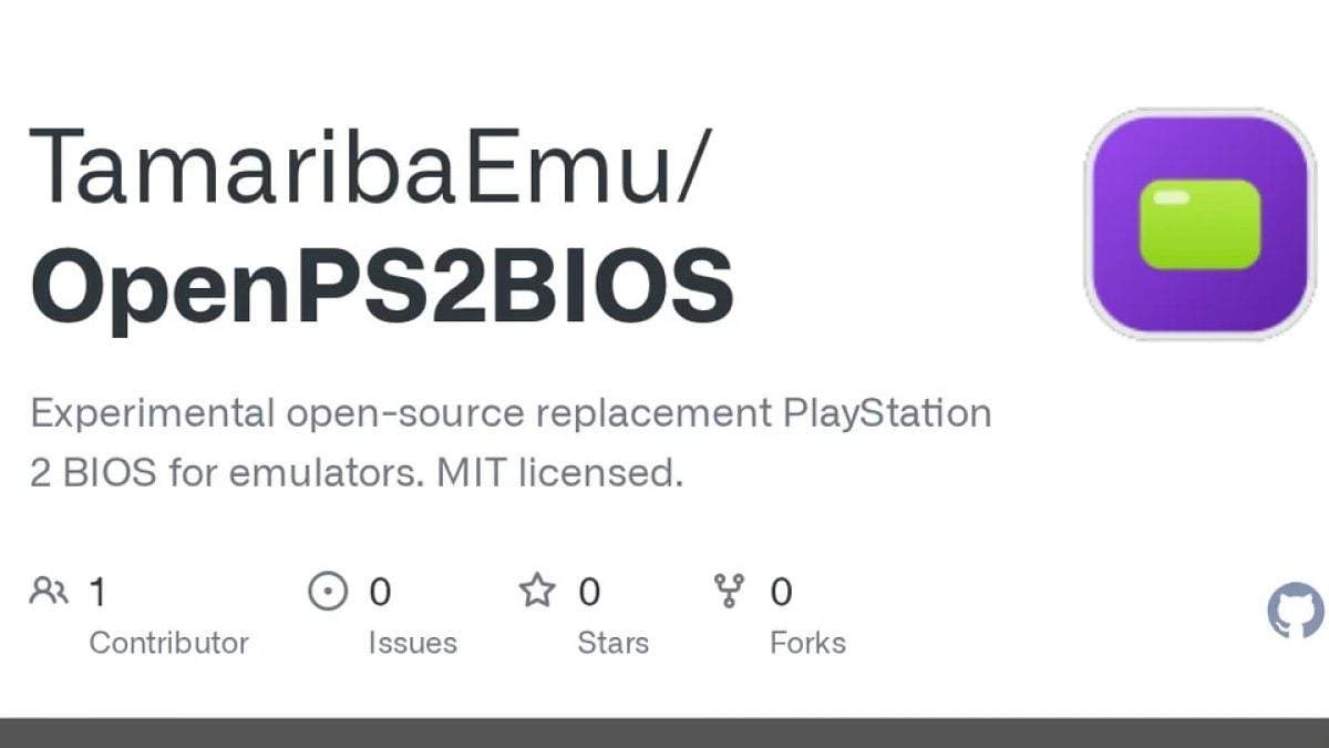Earlier snapshot of the OpenPS2BIOS GitHub page showing zero stars shortly after launch