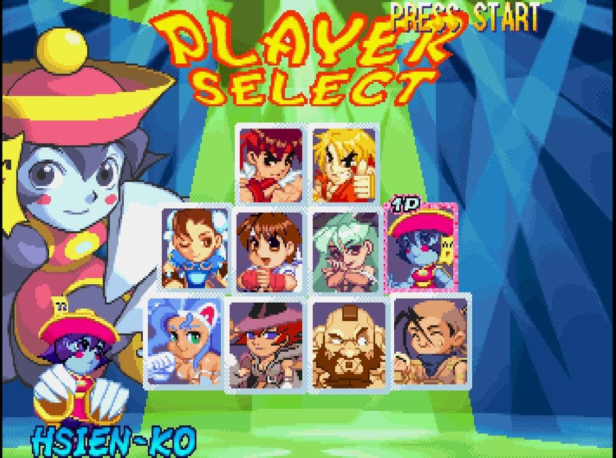 Pocket Fighter Saturn character select screen showing the restored Western name Hsien-Ko