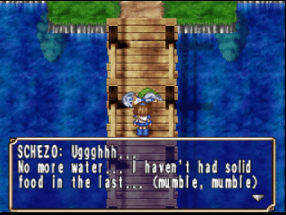 Arle stands on a wooden bridge while Schezo complains about food in an English dialogue box