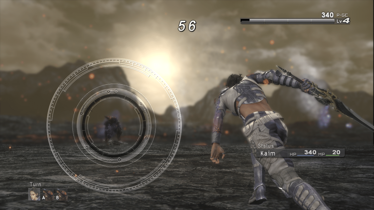 Kaim attacking in battle with Lost Odyssey's Ring timing interface visible on screen