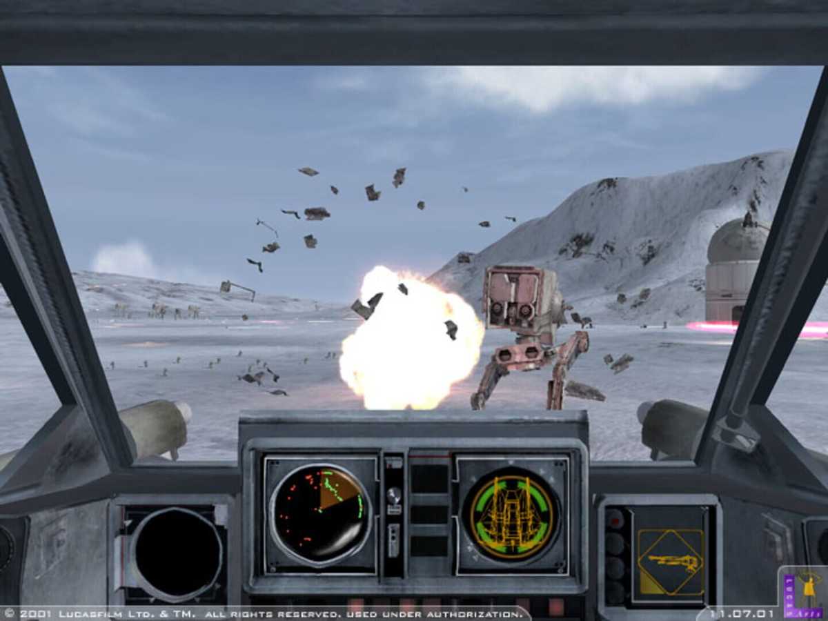 Cockpit view of a snowspeeder strafing an AT-ST on Hoth in Star Wars: Rogue Squadron II: Rogue Leader