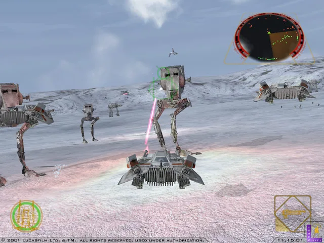 AT-ST walkers marching across Hoth in Star Wars: Rogue Squadron II: Rogue Leader
