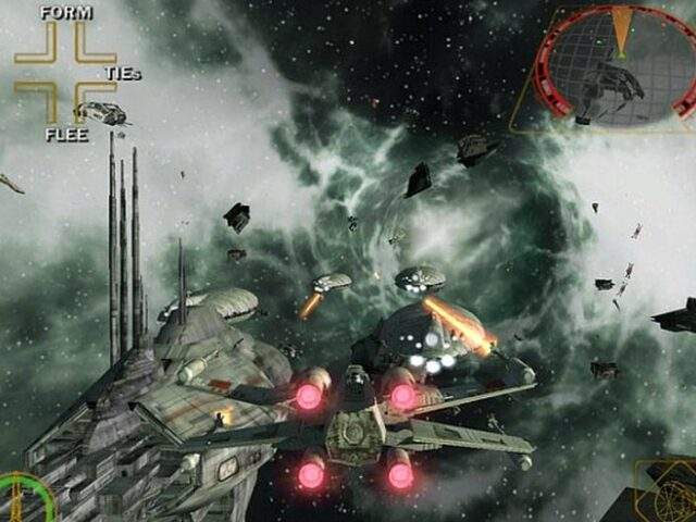 X-wing dogfighting around a Star Destroyer in Star Wars: Rogue Squadron II: Rogue Leader