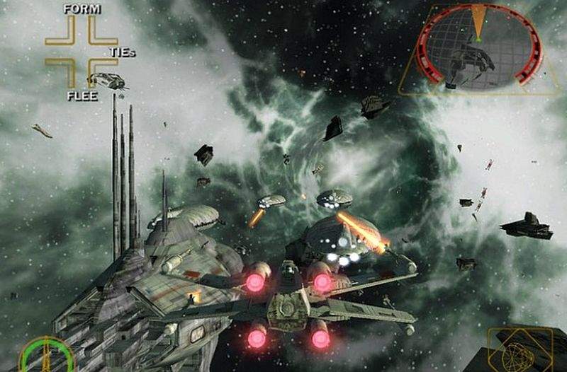 X-wing dogfighting around a Star Destroyer in Star Wars: Rogue Squadron II: Rogue Leader