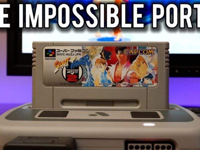 Super Famicom Street Fighter Zero 2 cartridge in a console, labeled "The Impossible Port?".