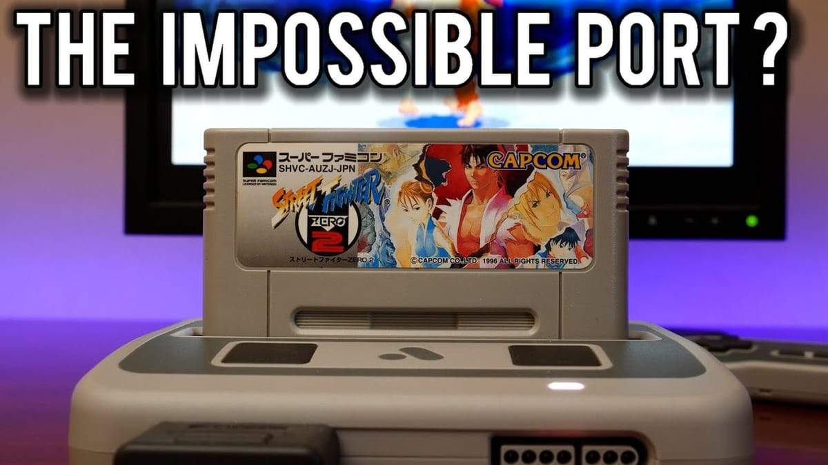 Super Famicom Street Fighter Zero 2 cartridge in a console, labeled 