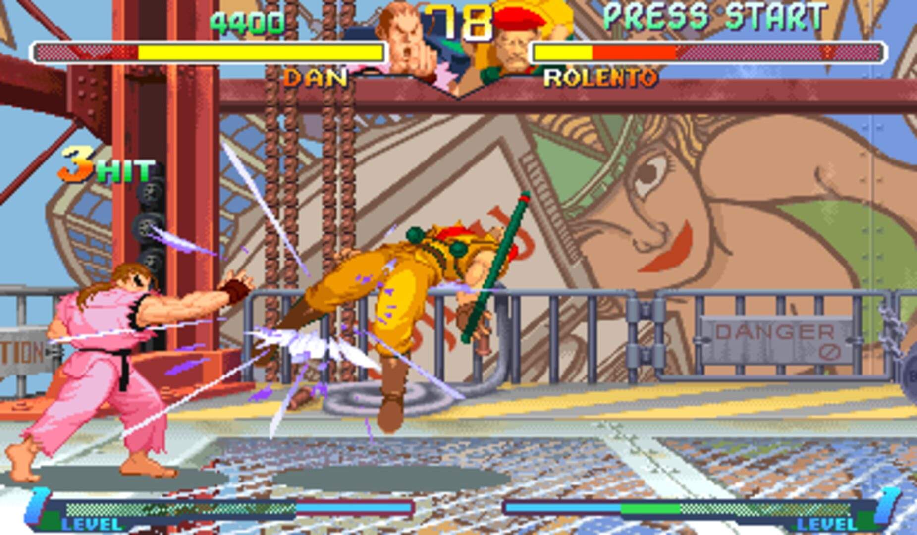 Dan landing a hit on Rolento during a match in Street Fighter Alpha 2