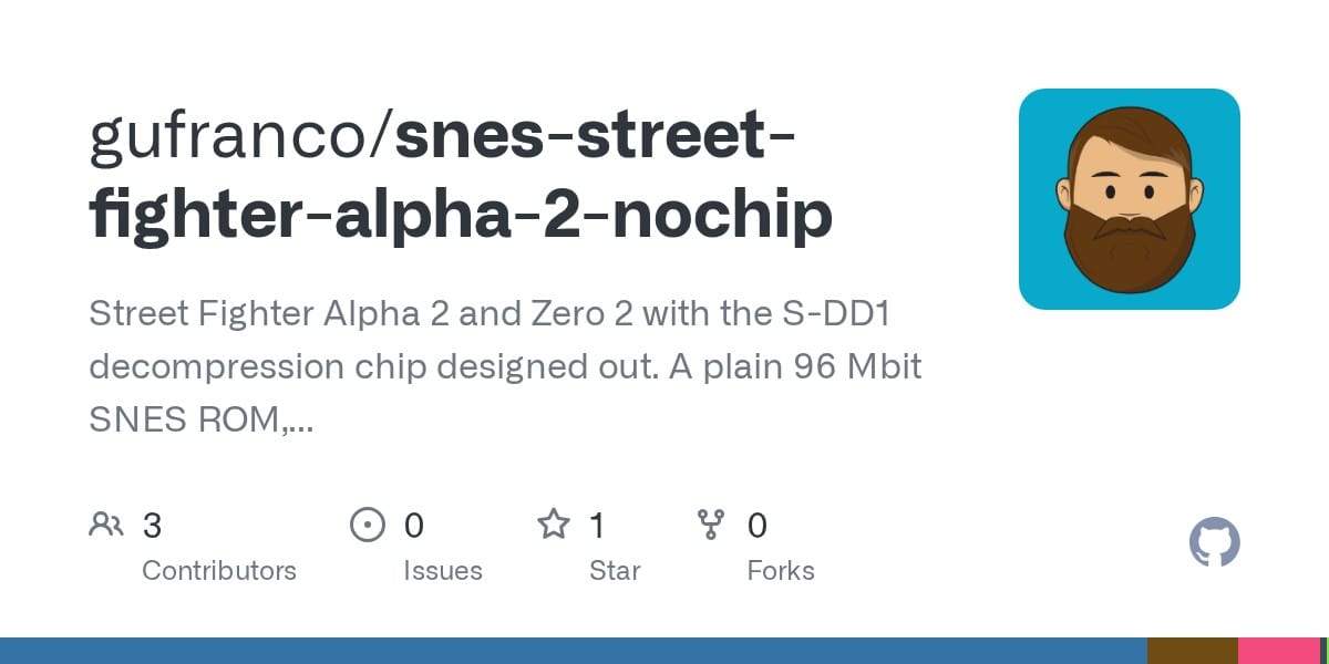 Screenshot of gufranco's GitHub repository page for the no-chip Street Fighter Alpha 2 toolchain