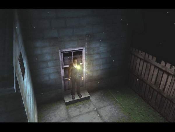 Harry Mason stands in a fog-shrouded doorway with his flashlight raised in the original Silent Hill