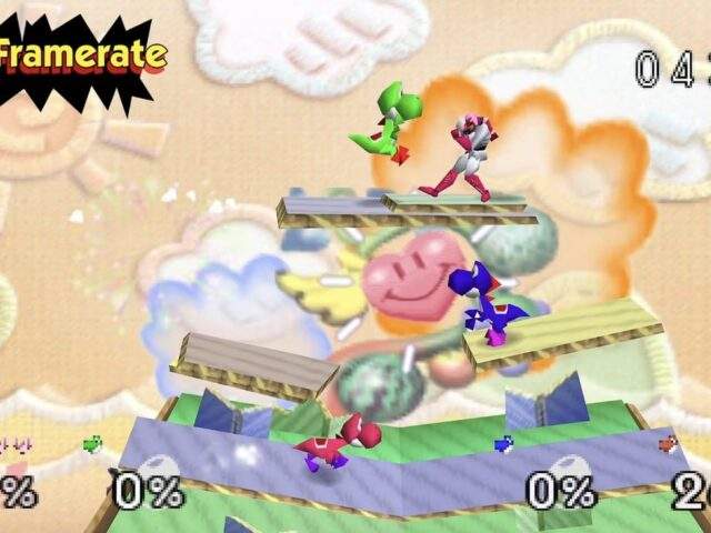 Yoshi battles Samus in Smash 64 Recompiled, with a 'High Framerate' graphic overlaid
