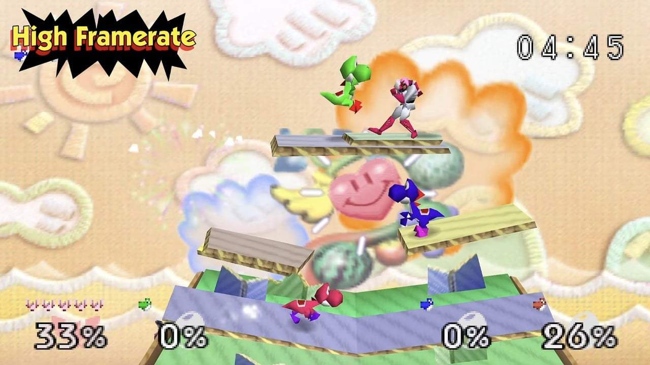 Yoshi battles Samus in Smash 64 Recompiled, with a 'High Framerate' graphic overlaid