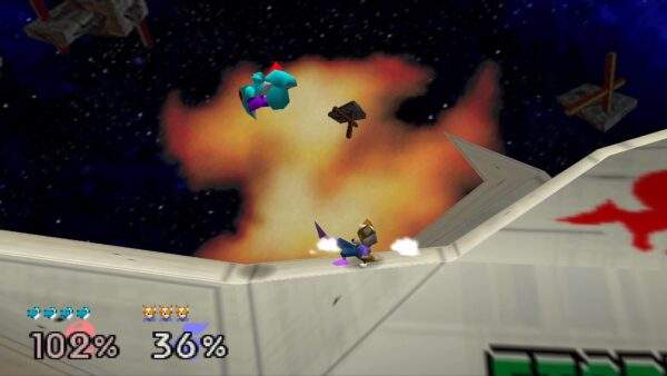 Fox fires at a rival on a widescreen Sector Z-style stage in Smash 64 Recompiled
