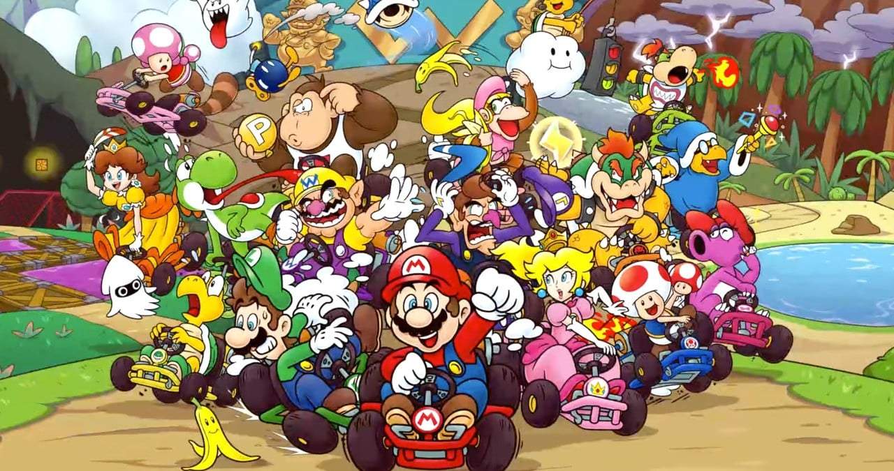 Official key art for the Super Mario Kart DX fan expansion showing Mario racing alongside the new character roster